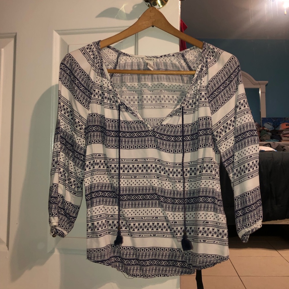 Navy Blue and White Patterned Blouse